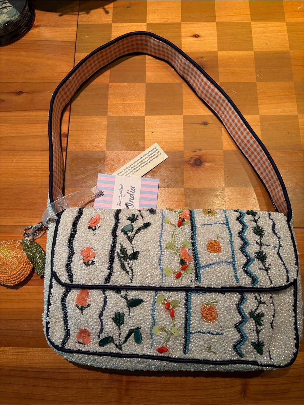 Beaded Floral Crossbody Bag in White with black Trim